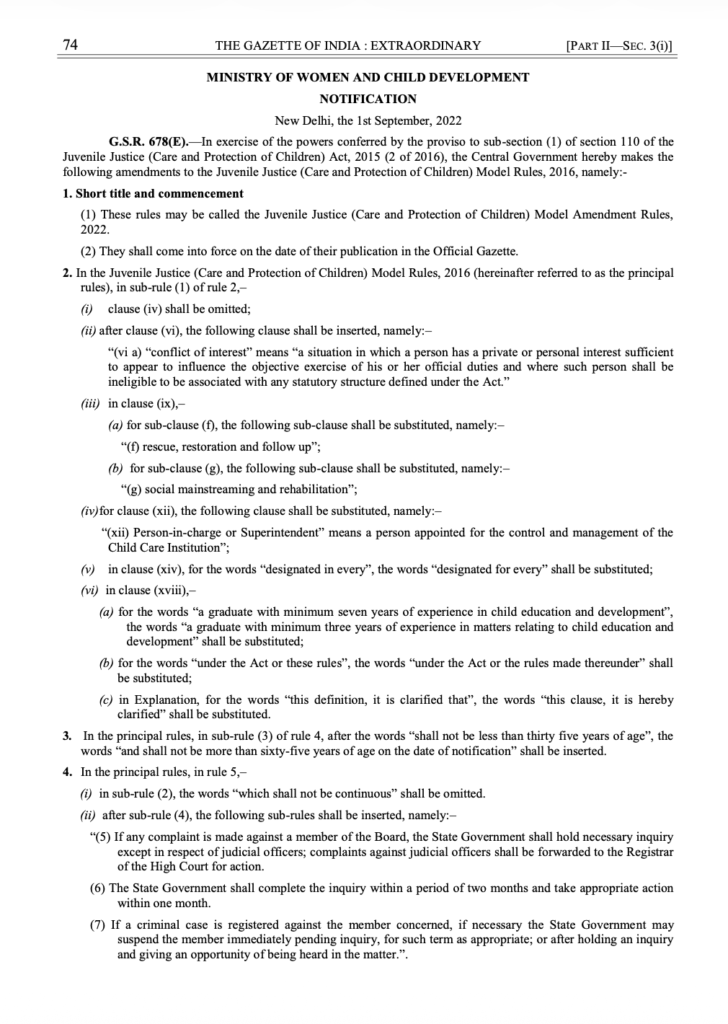 Juvenile Justice (Care and Protection of Children) Model Amendment Rules, 2022